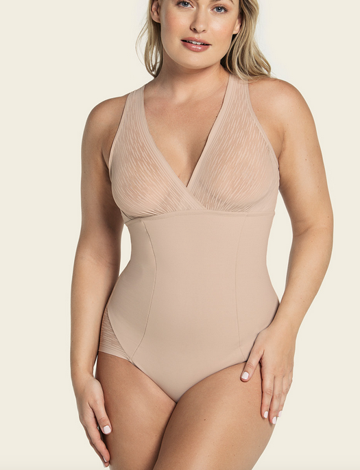 Leonisa Sheer Stripe Detail Firm Compression Sculpting Bodysuit