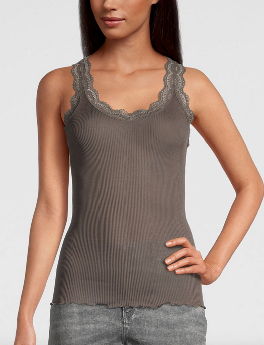 Oscalito Pure Silk Rib with Leavers Lace Trim Tank Top