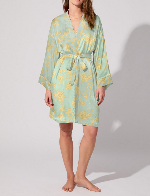 Bedhead Royal Roses Silk Banded Collar Robe