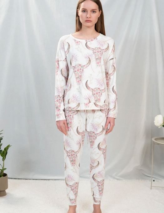 Aspen Dream Cozy Printed Long Sleeve Top and Pants Pajama Set SLEEPWEAR - PAJAMAS - PAJAMAS 2 ($101-$200) Aspen Dream BLOOMING SKULL LG 